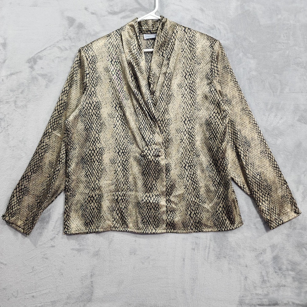 NEW Vintage Impressions Of California Top Womens 16 Beige Gold Snake Print Satin